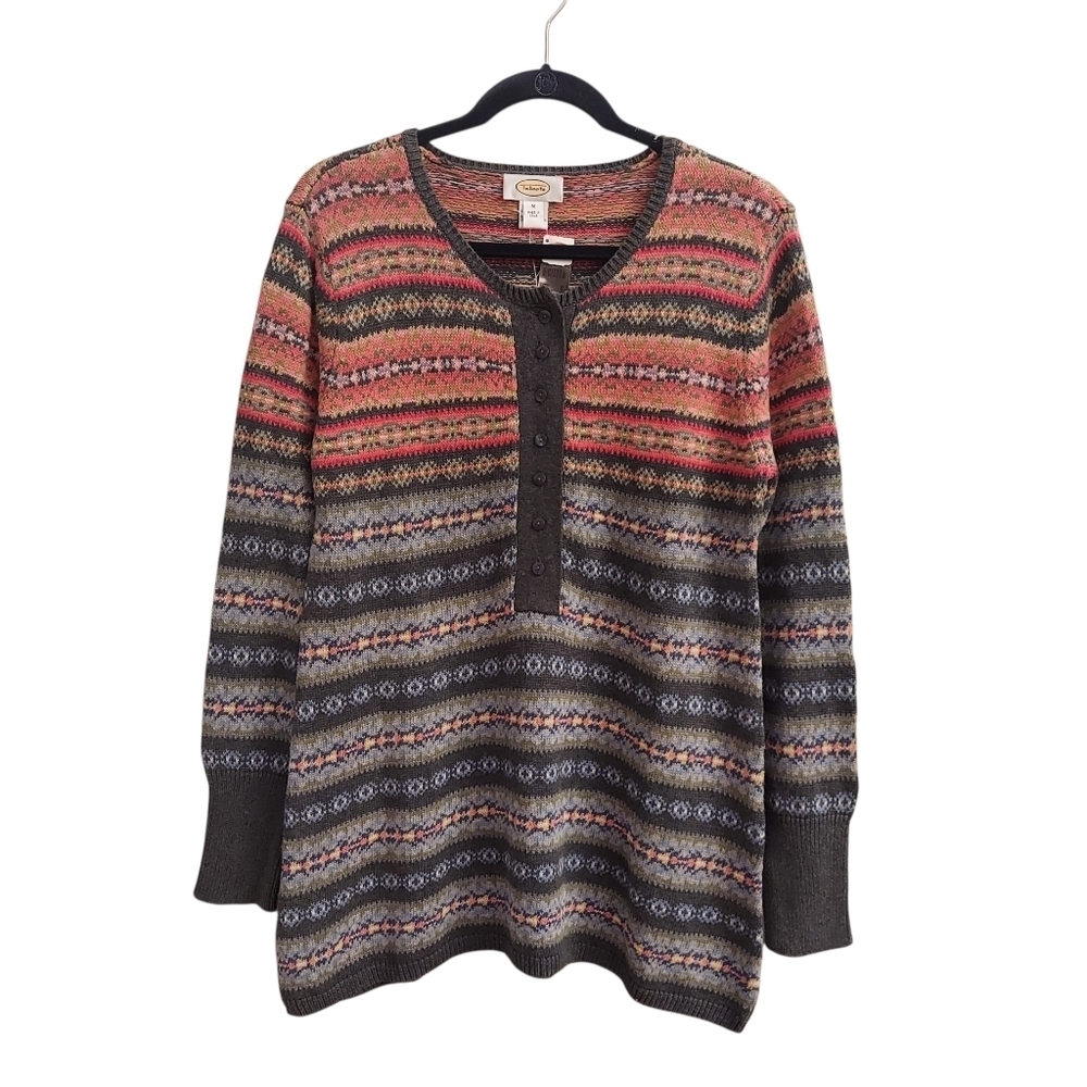 NWT TALBOTS Fair Isle Henley Style Pullover Tunic Sweater M Grandmacore